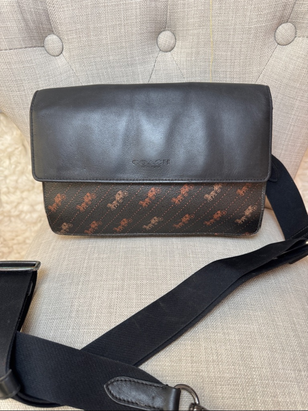 Coach Black Messenger Bag with Brown Signature Print